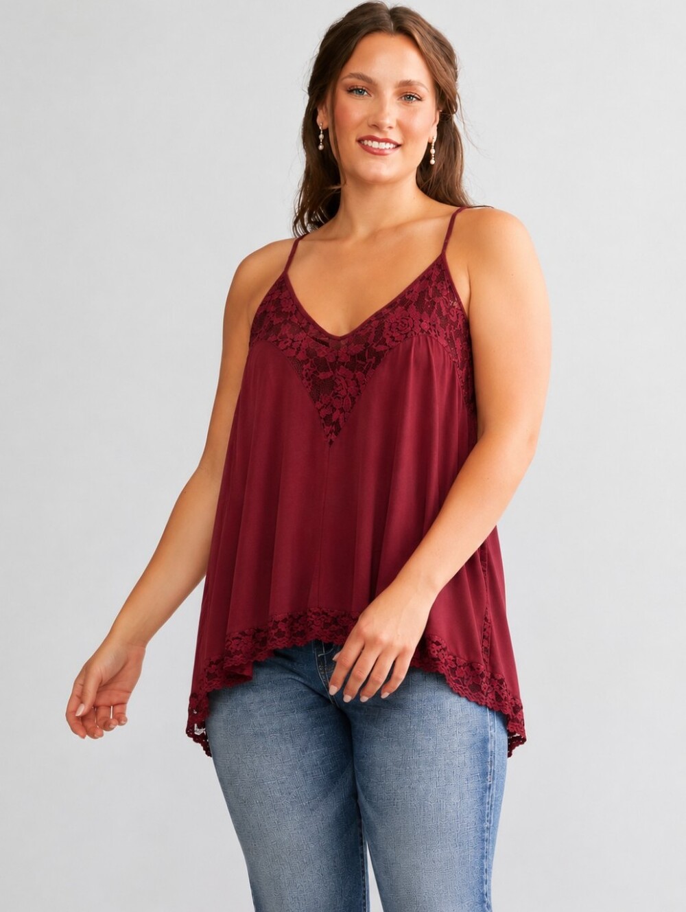 Solemio Burgundy Lace Double Lined Swing Cami Tank S/M